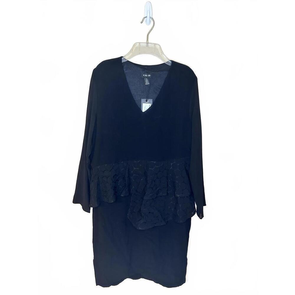 Ronen Chen V Neck Peplum Waist Sheer Sleeves Dress Black Size 3 US 10